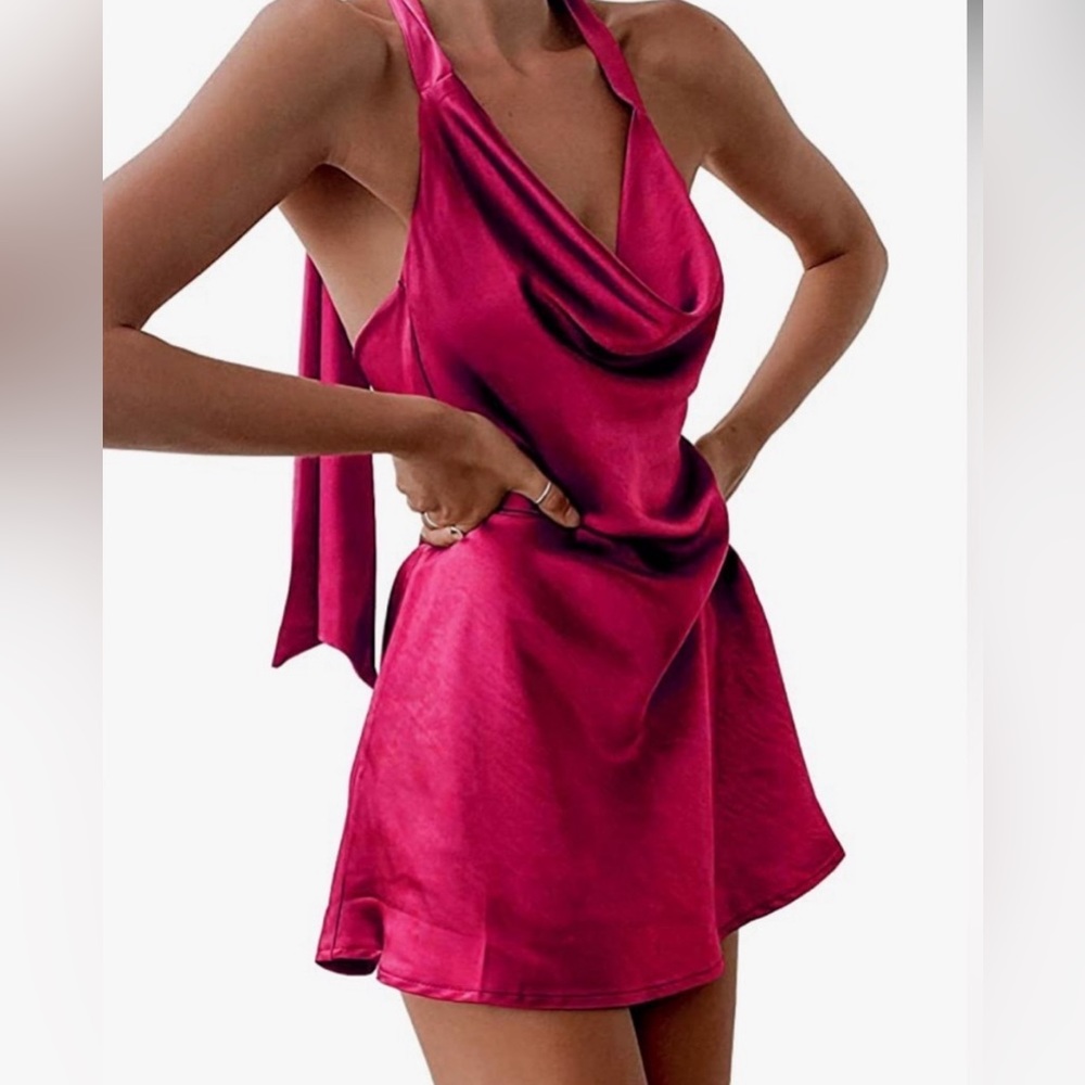 Cantonwalker Women's Sz M Cowl Neck Halterneck Slip On Backless Satin Mini Dress